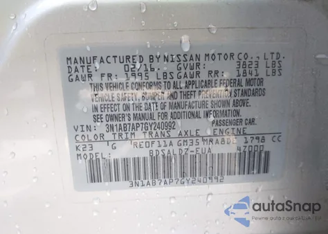 2016 Nissan Sentra Sv z USA, uszkodzony, nr VIN 3N1AB7AP7GY240992